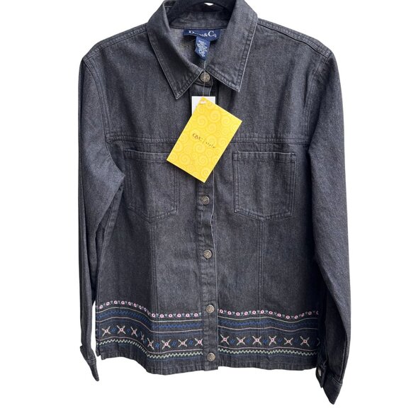 Denim & Co Womens Floral Embroidered Charcoal Gray Button-Up Denim Jacket New S - Picture 1 of 9